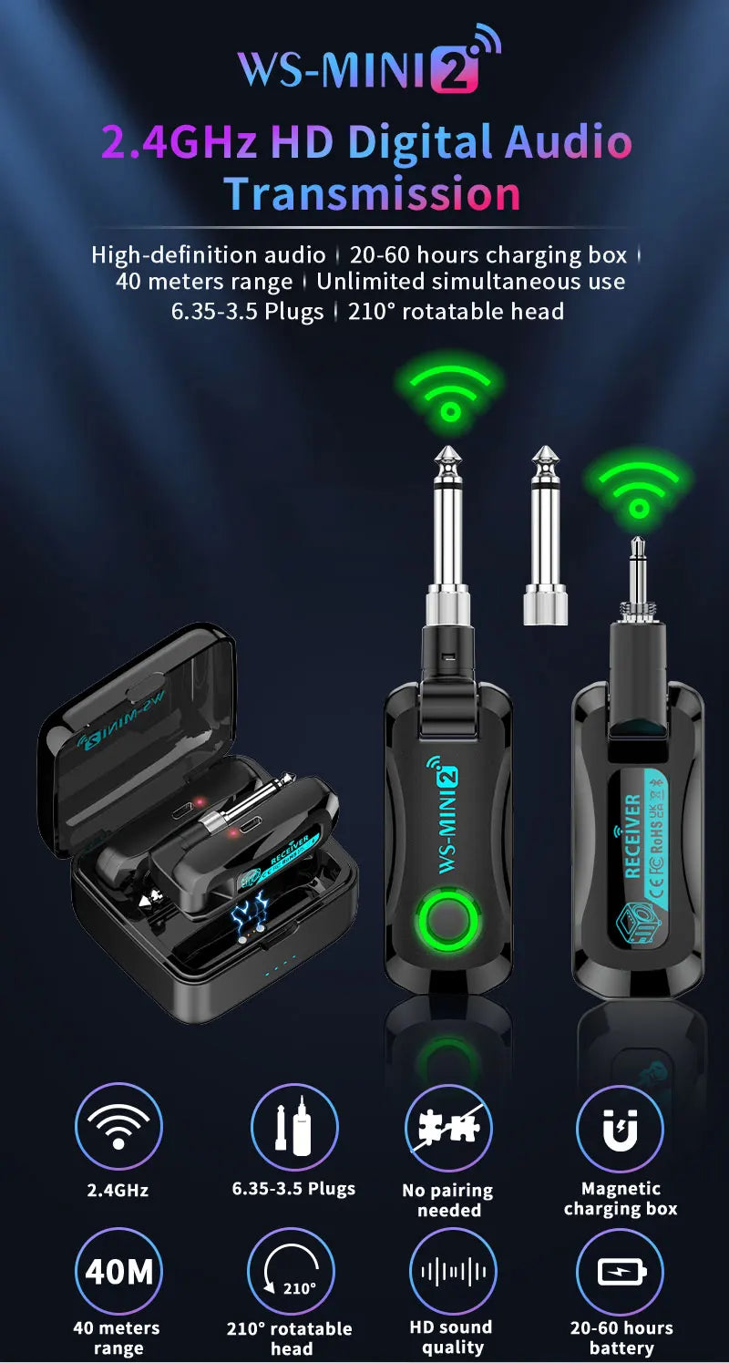 A set of WS-MINI 2.4GHz HD digital audio transmission components including a charging box, transmitter, and receiver.