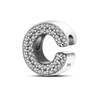 A sterling silver alphabet charm shaped like the letter C, encrusted with small cubic zirconia stones.