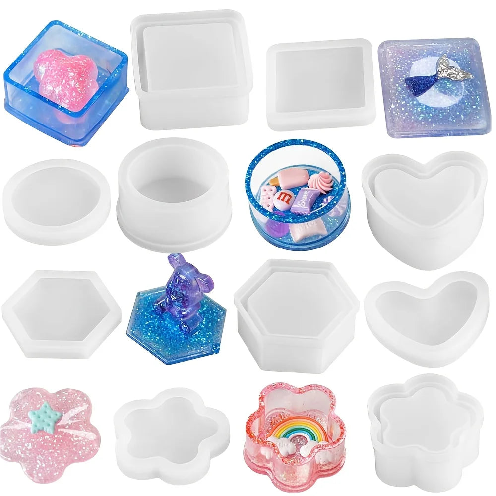 3-Piece Silicone Resin Mold Set with Lids — Heart, Hexagon & Flower Shapes