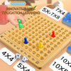 A yellow multiplication learning board game with colored plastic pieces and number tiles.