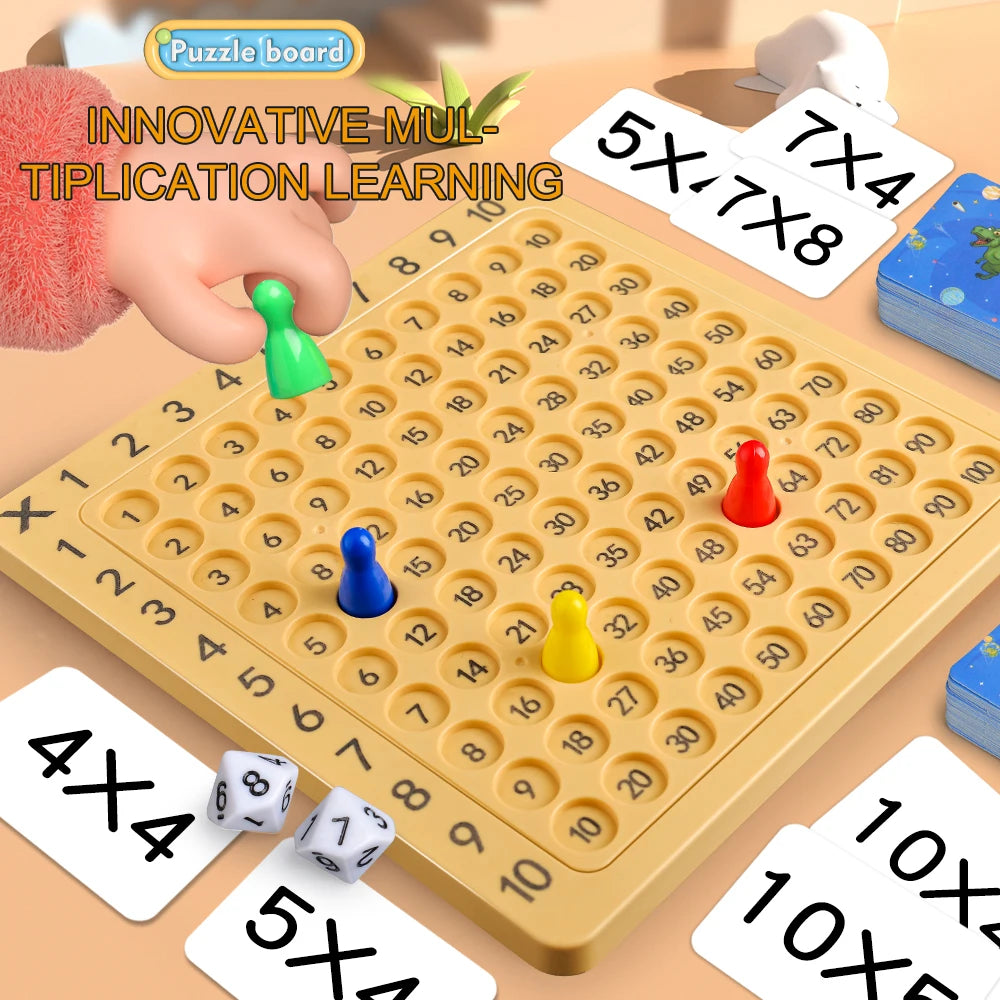 A yellow multiplication learning board game with colored plastic pieces and number tiles.