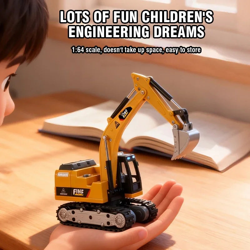 A yellow 1:64 scale mini RC excavator is held in a person's hand on a wooden surface.