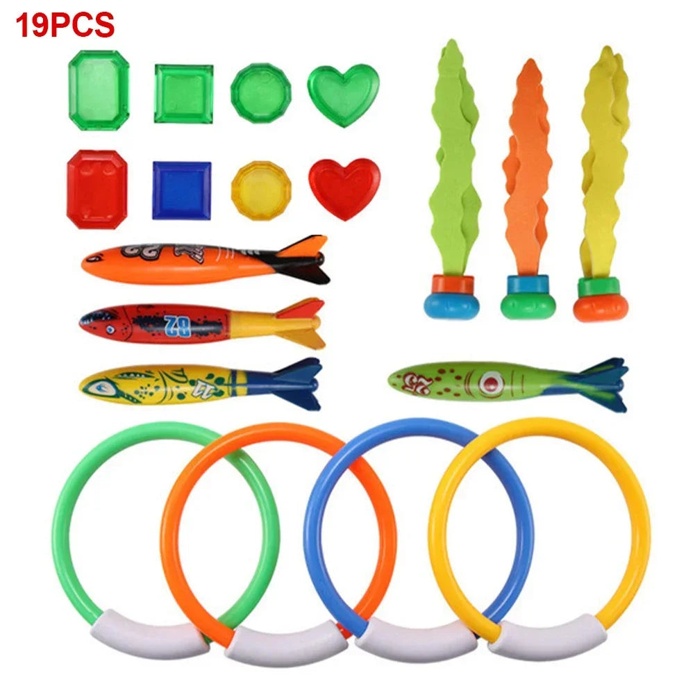 A set of colorful diving toys including various shapes and rings for swimming pool games