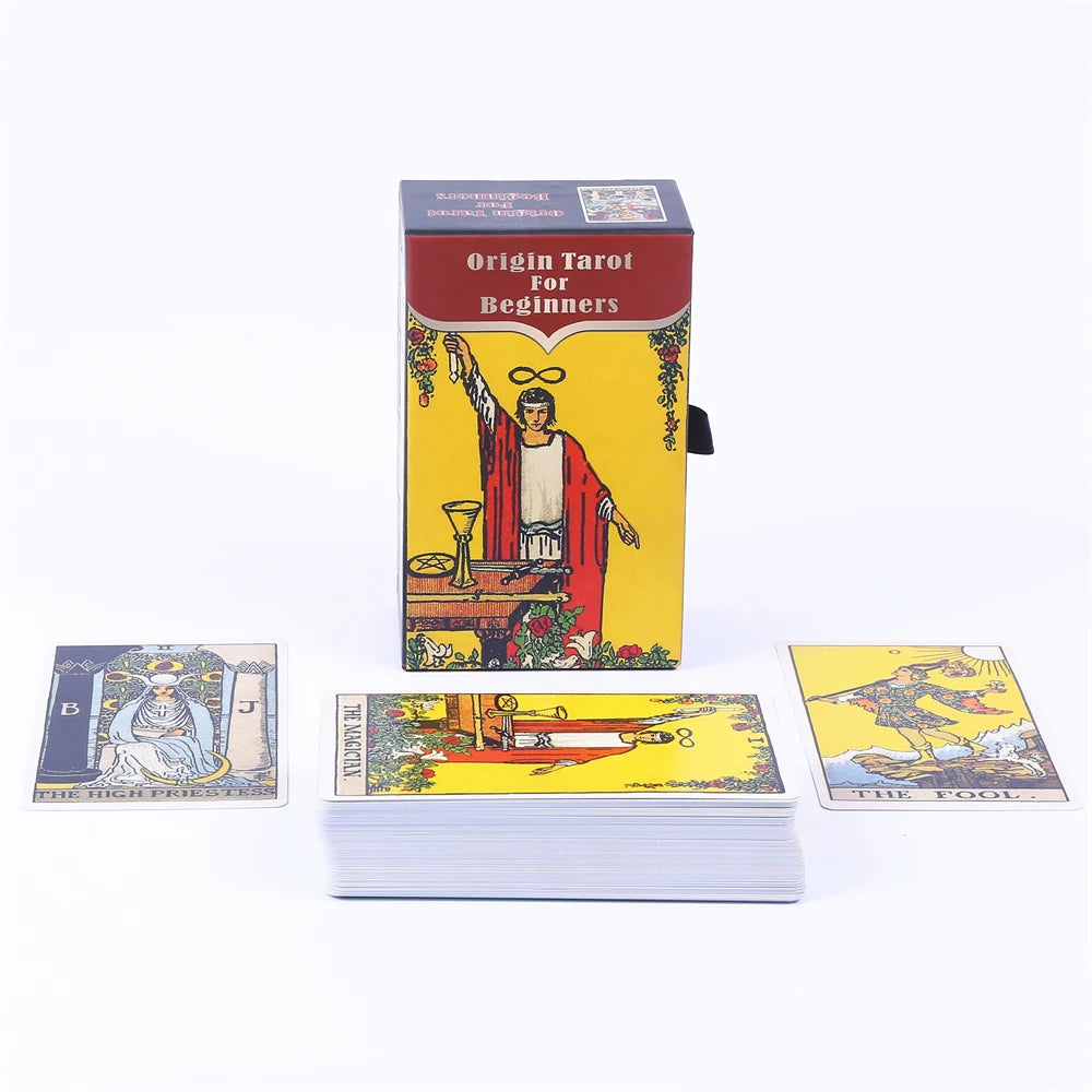 A box of Origin Tarot for Beginners deck with a guidebook and several cards displayed on a white background.