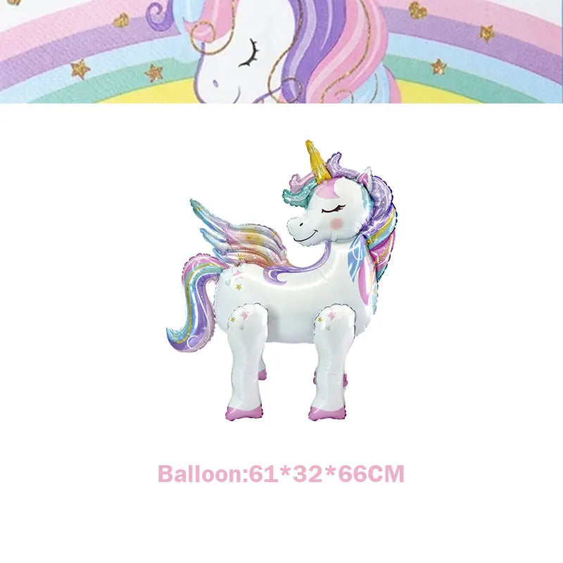 A white unicorn figurine with purple and pink mane and tail, used for a birthday celebration.
