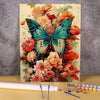 A painting by numbers kit featuring a floral butterfly canvas art with vibrant pink, orange, and teal colors.