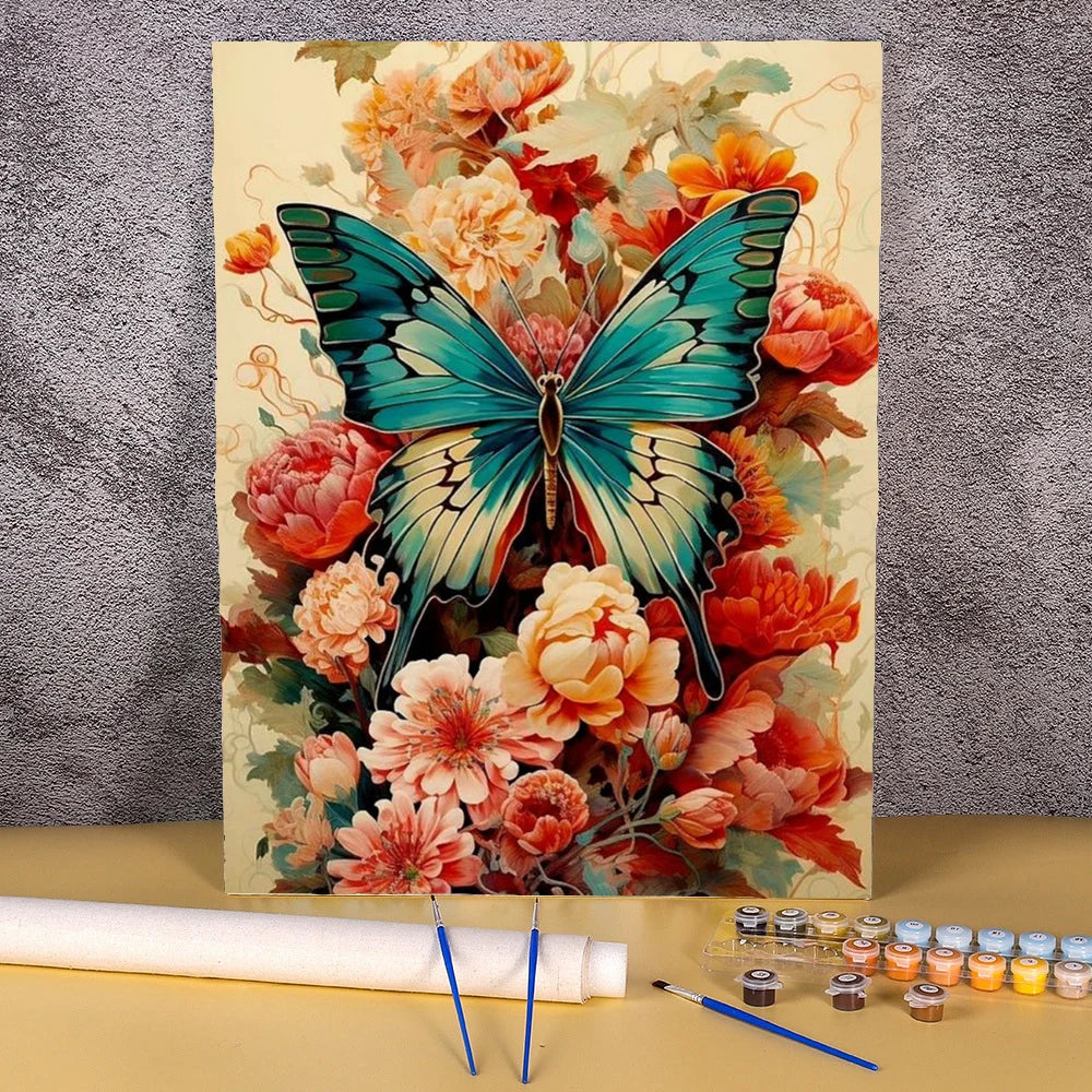 A painting by numbers kit featuring a floral butterfly canvas art with vibrant pink, orange, and teal colors.