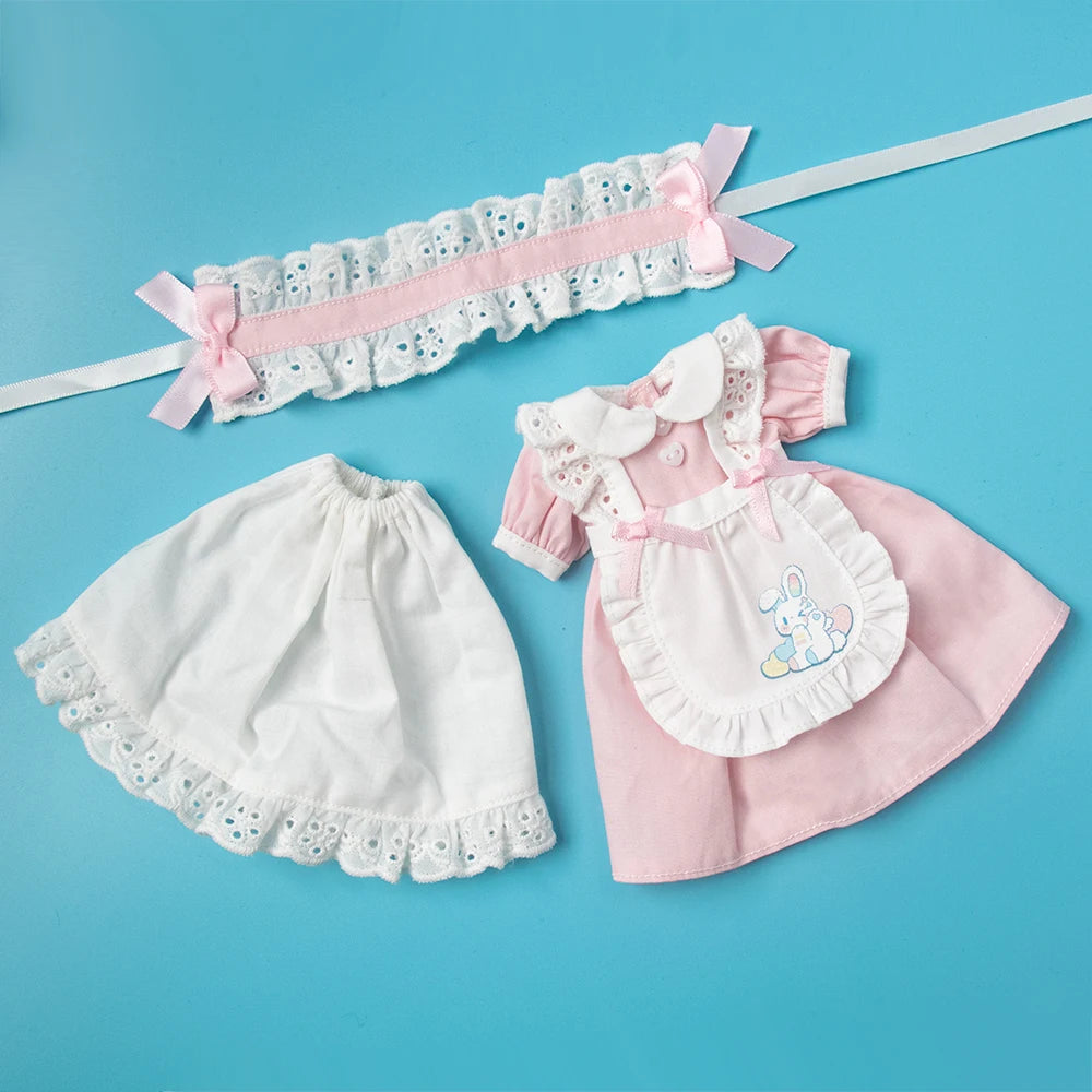 Pink and white vintage lace maid dress set for 1/6 scale dolls featuring a bodice and skirt.