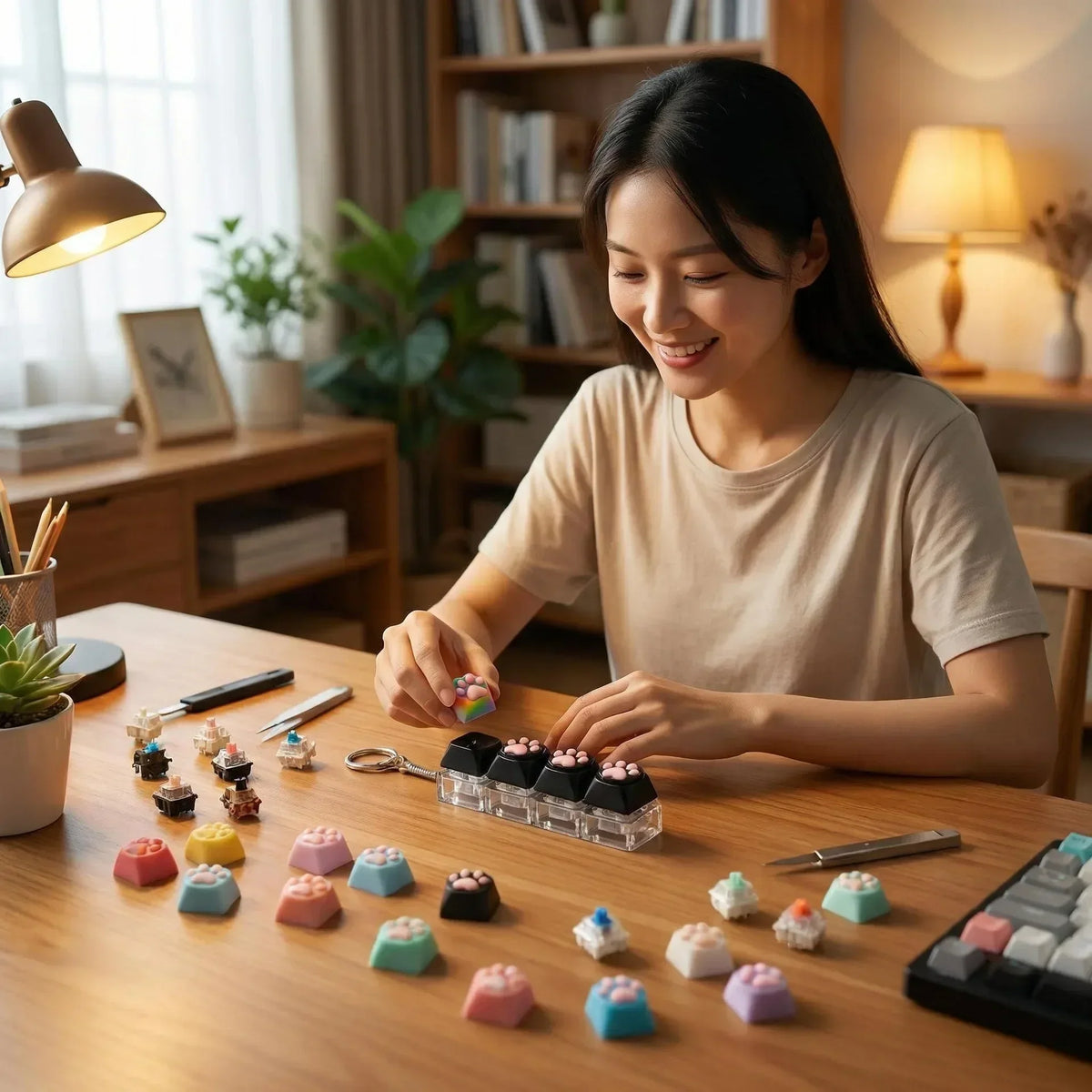 A woman is arranging colorful LED light-up keycaps on a wooden table.