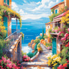 A vibrant painting of a Mediterranean-style building with colorful flowers and a stone pathway overlooking the blue sea.