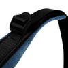 Close-up view of a black and blue accordion strap with a black buckle.