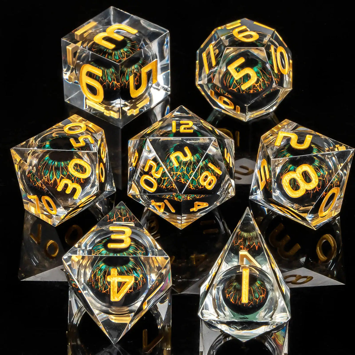 Dragon Eye Resin Dice Set with Liquid Core - 7 Polyhedral Dice for RPG Gaming