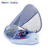 A light blue baby swim float with a canopy and tail support is shown open.
