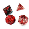 A set of red and clear crystal style polyhedral dice, including an eight-sided die and a ten-sided die.