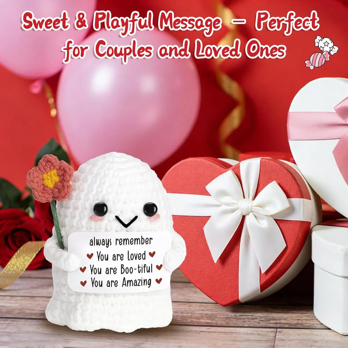 Handmade crochet flower ghost doll with an emotional support card presented in a gift box.