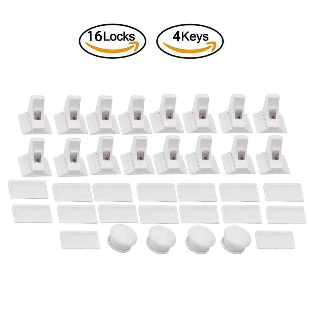 A set of magnetic child safety cabinet locks and keys, including 16 locks and 4 keys.