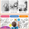A child is drawing a colorful design on a large sheet of paper with various shapes and objects.