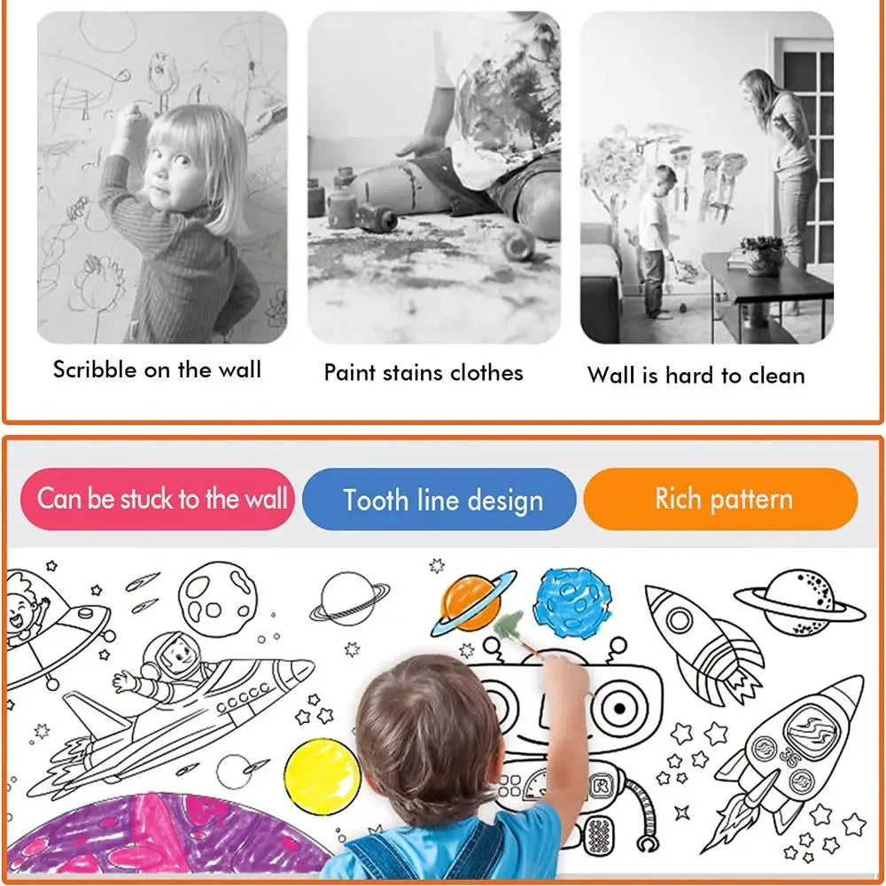A child is drawing a colorful design on a large sheet of paper with various shapes and objects.