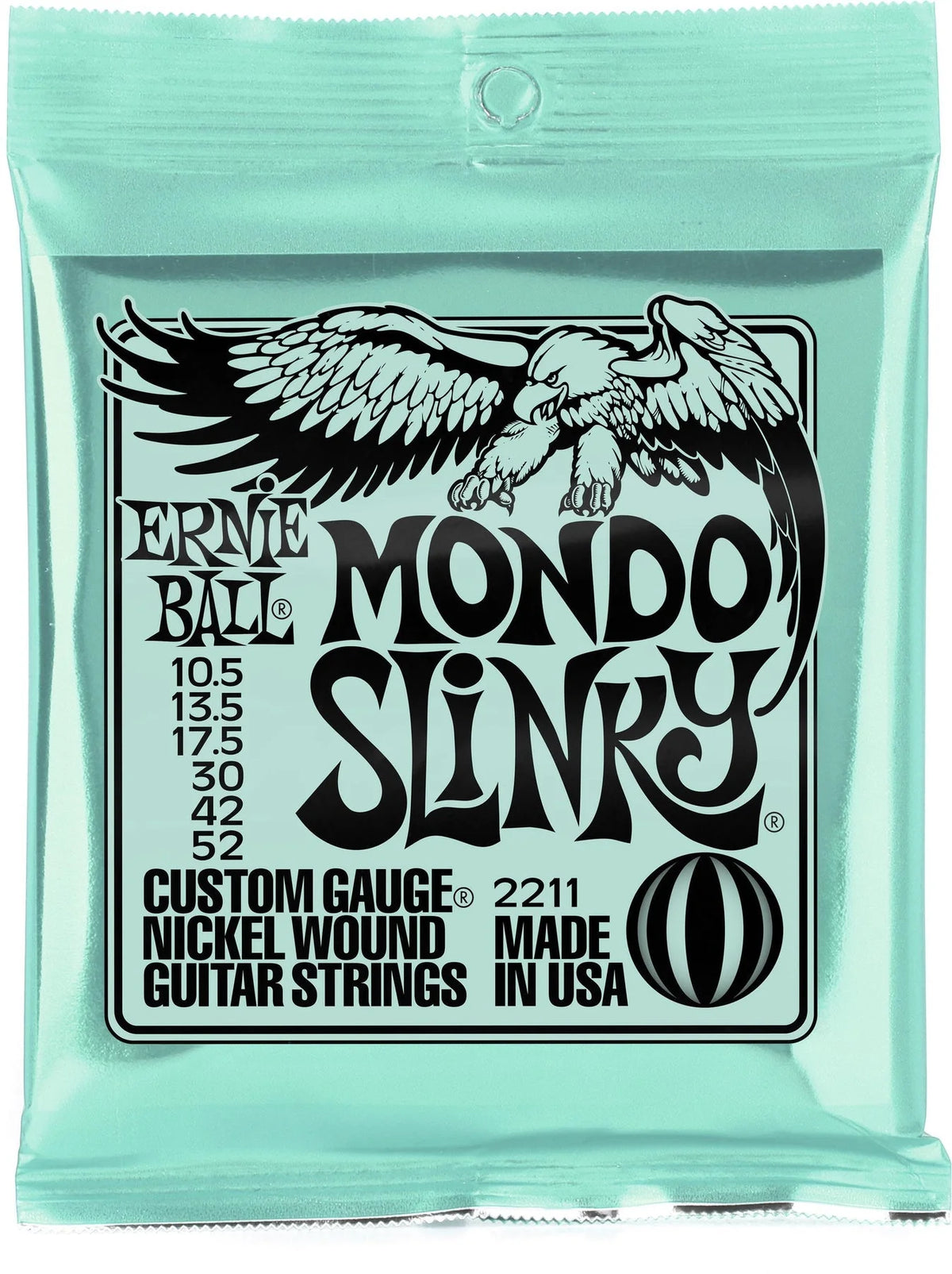 Bag of Ernie Ball Slinky nickel wound electric guitar strings in a light mint green package.