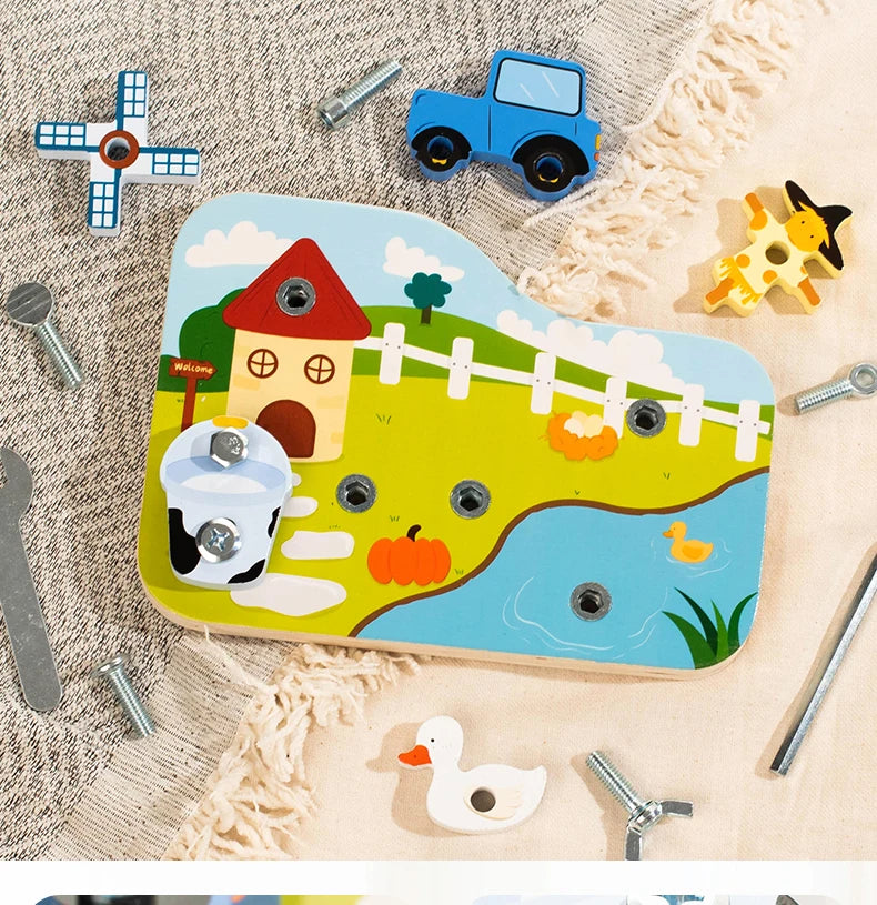 Farm Animal Wooden Screw Puzzle Toy Set with Child-Safe Tools