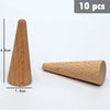 Ten natural wooden rainbow building blocks, tapered cones, for creative play.