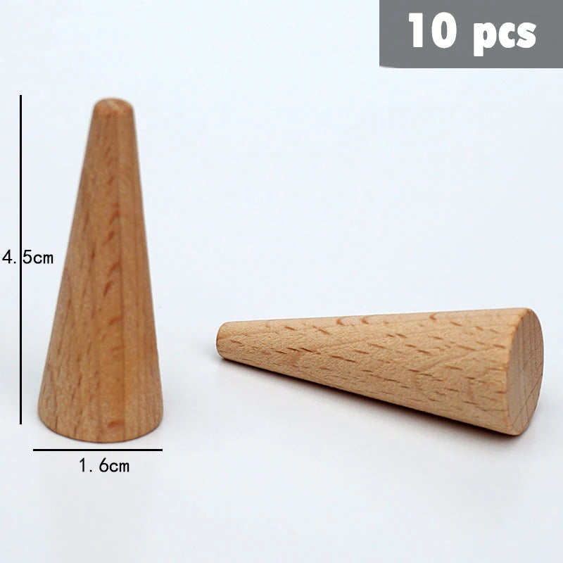 Ten natural wooden rainbow building blocks, tapered cones, for creative play.