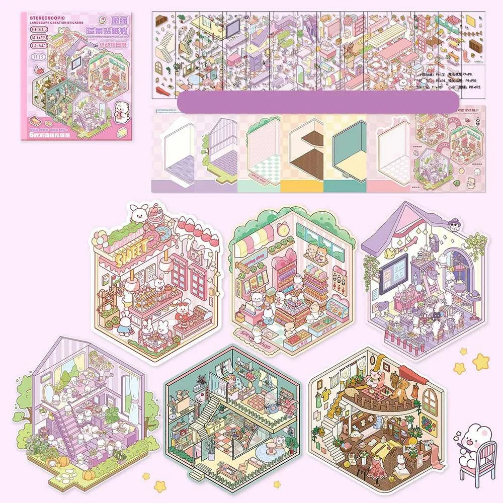 A collection of 3D cabin scene stickers and illustrations for creative kids, featuring various colorful scenes and structures