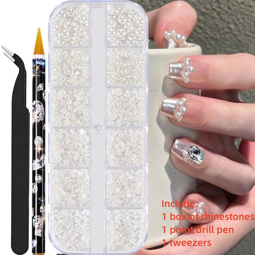 A hand holds a clear plastic kit containing rhinestones, glass gems, and tools for nail art.
