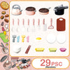 A collection of 29 assorted kids pretend play kitchen items including fruits, vegetables, and cookware.