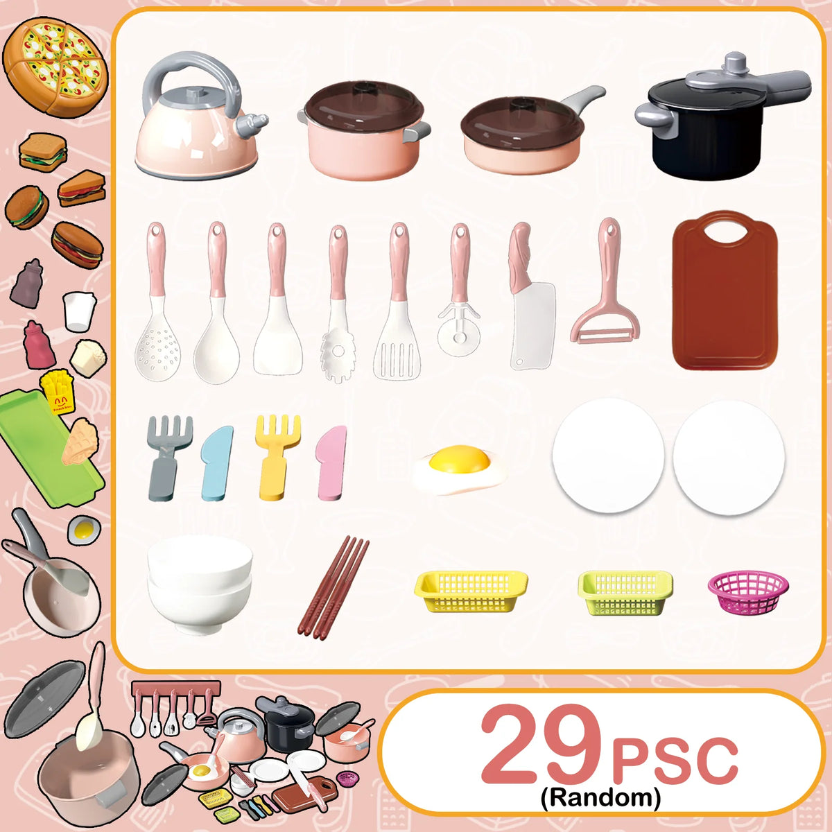 A collection of 29 assorted kids pretend play kitchen items including fruits, vegetables, and cookware.