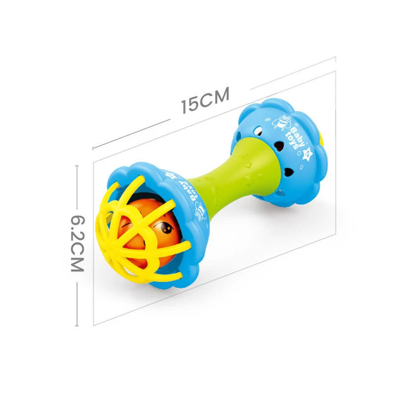 A soft baby grasping ball rattle with a bell in blue and lime green colors.