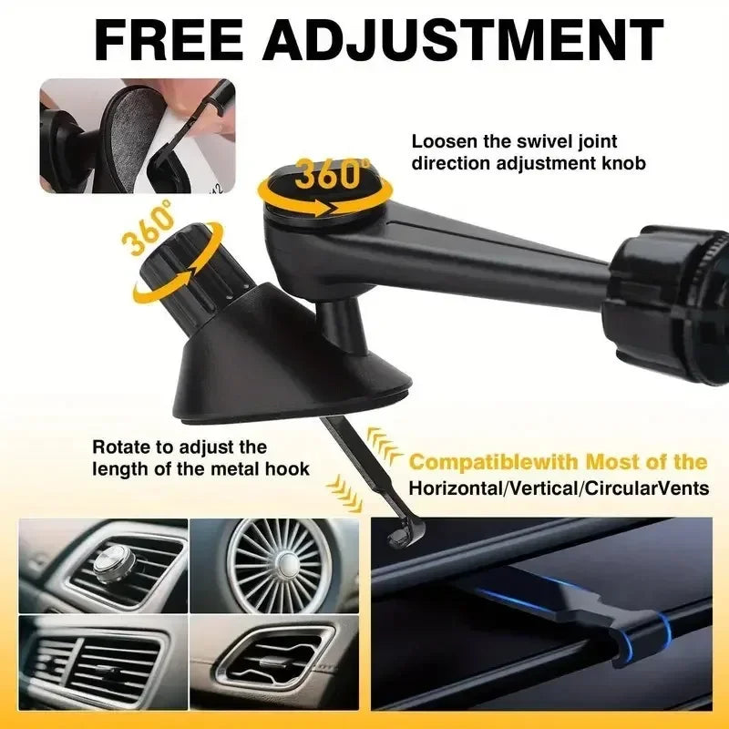A black clip-on ornament for car air vents showing adjustment and compatibility with various vent types.