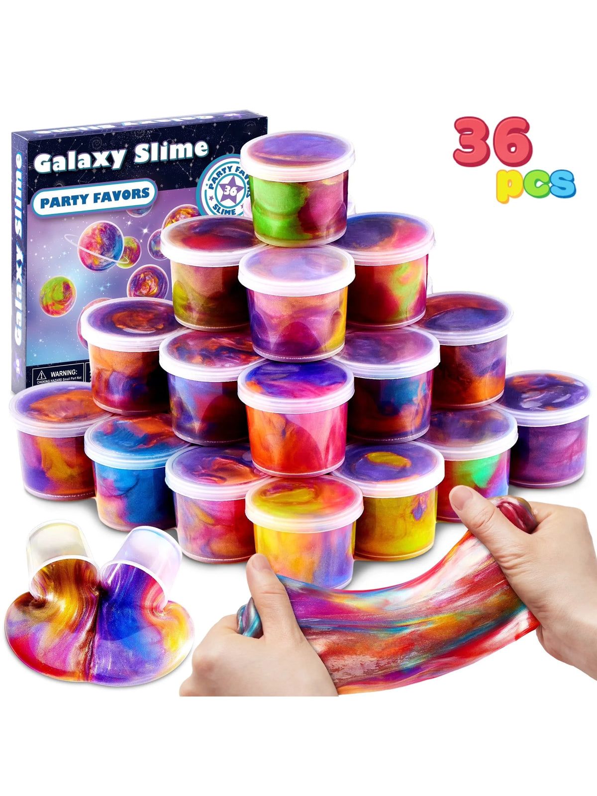 A hand is squeezing colorful galaxy slime party favors in small containers.