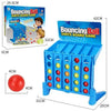 A blue bouncing ball shots board game set with a red ball and measuring tape.