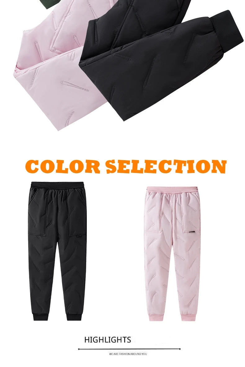 A selection of pink and black kids waterproof winter pants with fleece lining shown in various angles.