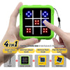 A hand holds a green electronic tic tac toe game console with various modes and accessories.