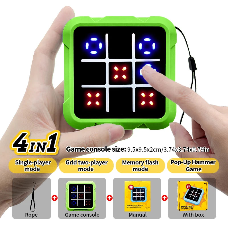 A hand holds a green electronic tic tac toe game console with various modes and accessories.