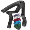 Black guitar capo with five colored picks for acoustic and electric guitars