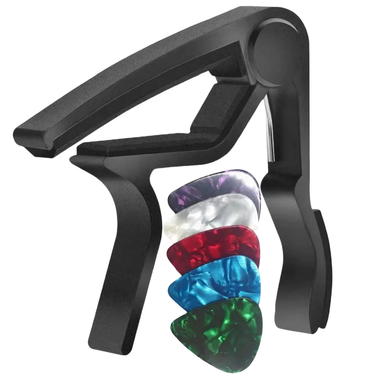 Black guitar capo with five colored picks for acoustic and electric guitars