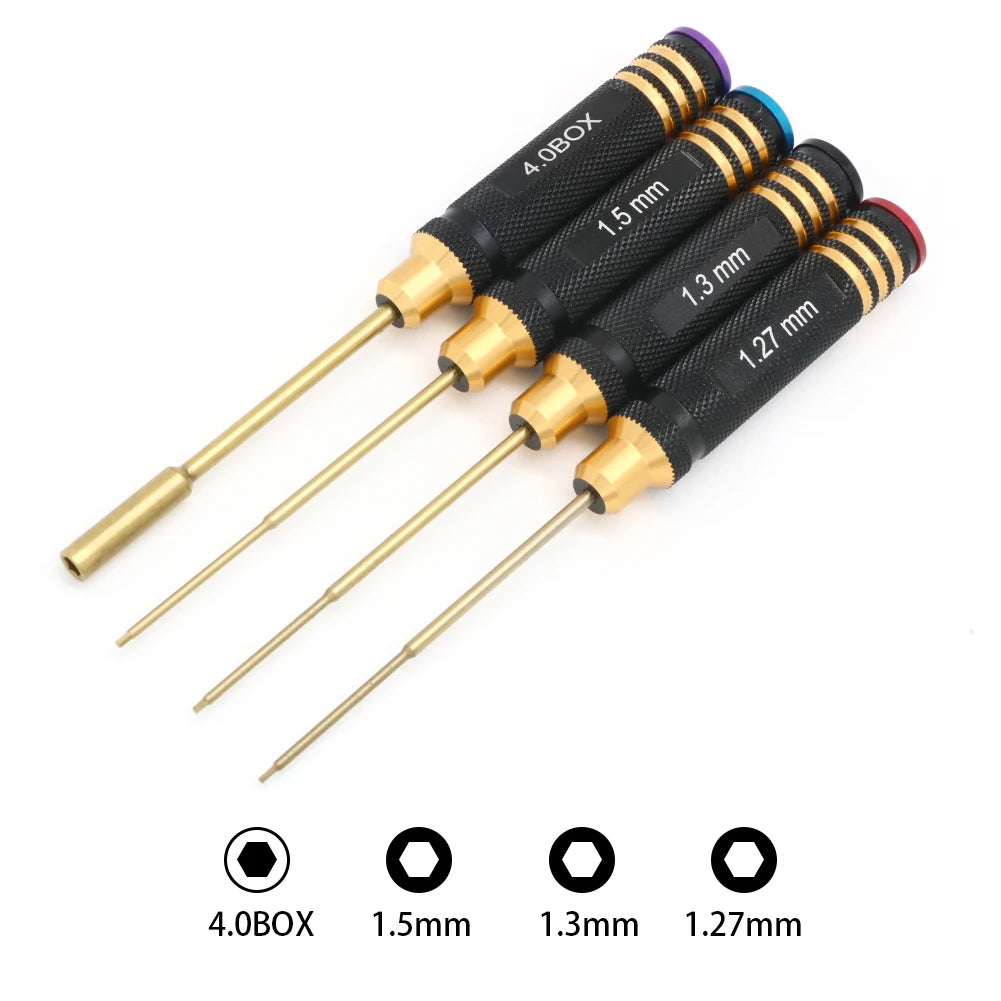 A set of four precision hex screwdrivers with varying shaft sizes including 4.0BOX, 1.5mm, 1.3mm, and 1.27mm.