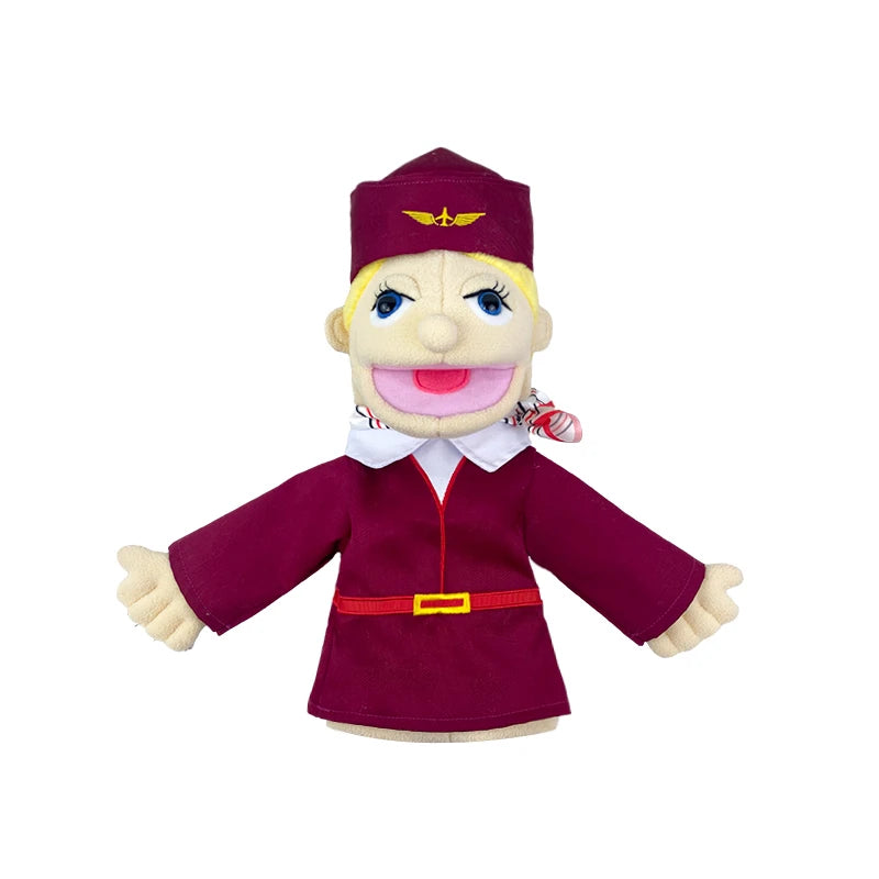 A plush hand puppet resembling a female pilot with a maroon uniform and gold insignia.
