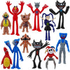 A collection of various Poppy Playtime character dolls and collectible figures in different colors and styles.