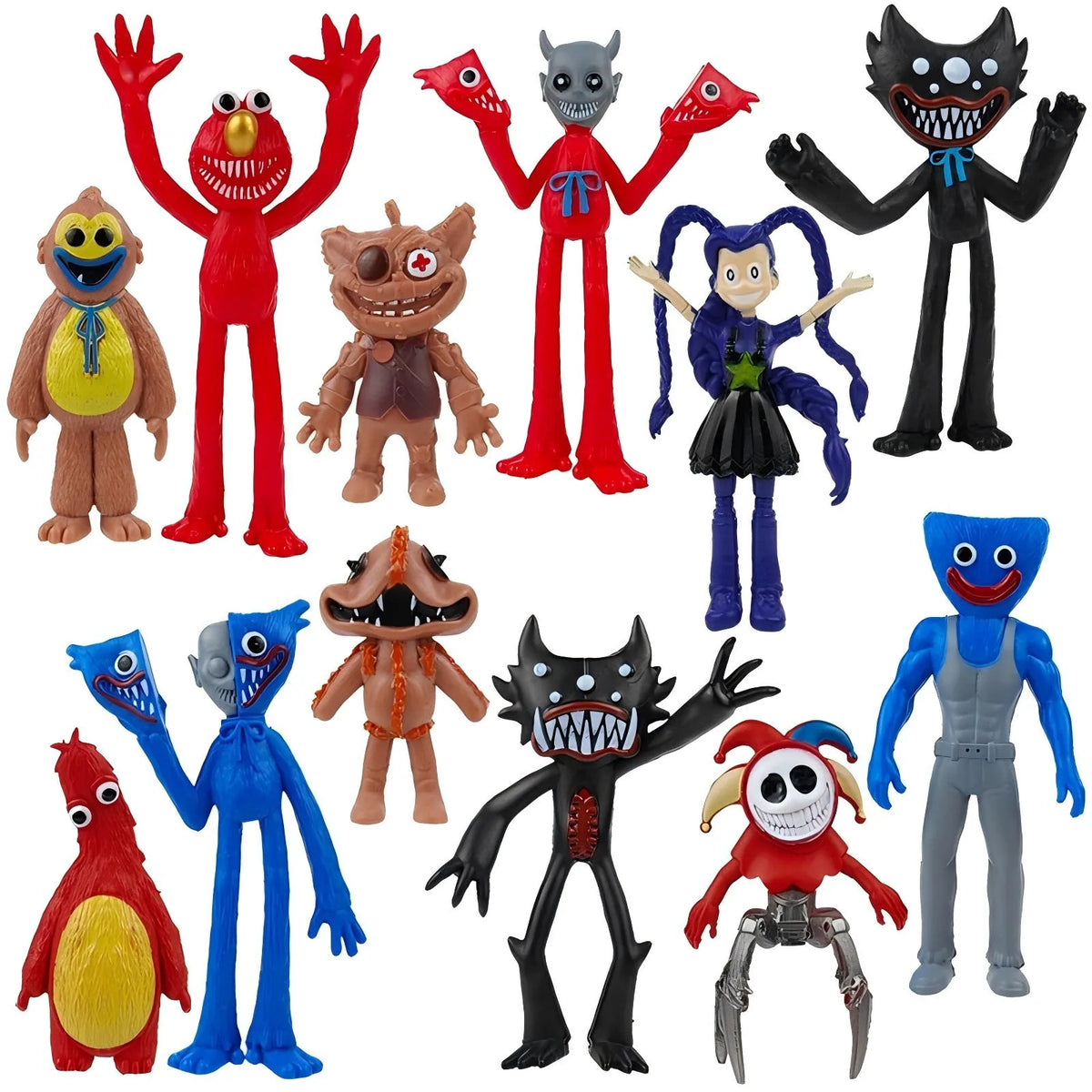A collection of various Poppy Playtime character dolls and collectible figures in different colors and styles.