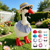 A white goose costume outfit set featuring a plaid dress, red boots, sunglasses, and a pearl necklace in a sunny garden setti