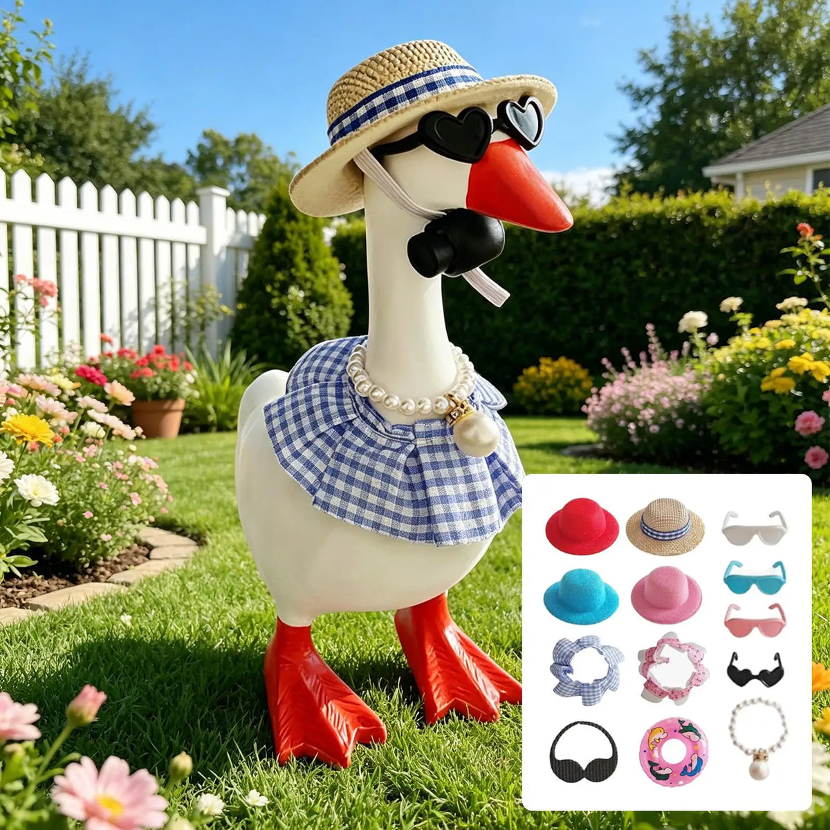 A white goose costume outfit set featuring a plaid dress, red boots, sunglasses, and a pearl necklace in a sunny garden setti