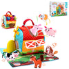 A soft plush farm animal set featuring various animals like a pig, cow, and horse, packaged in a colorful box.