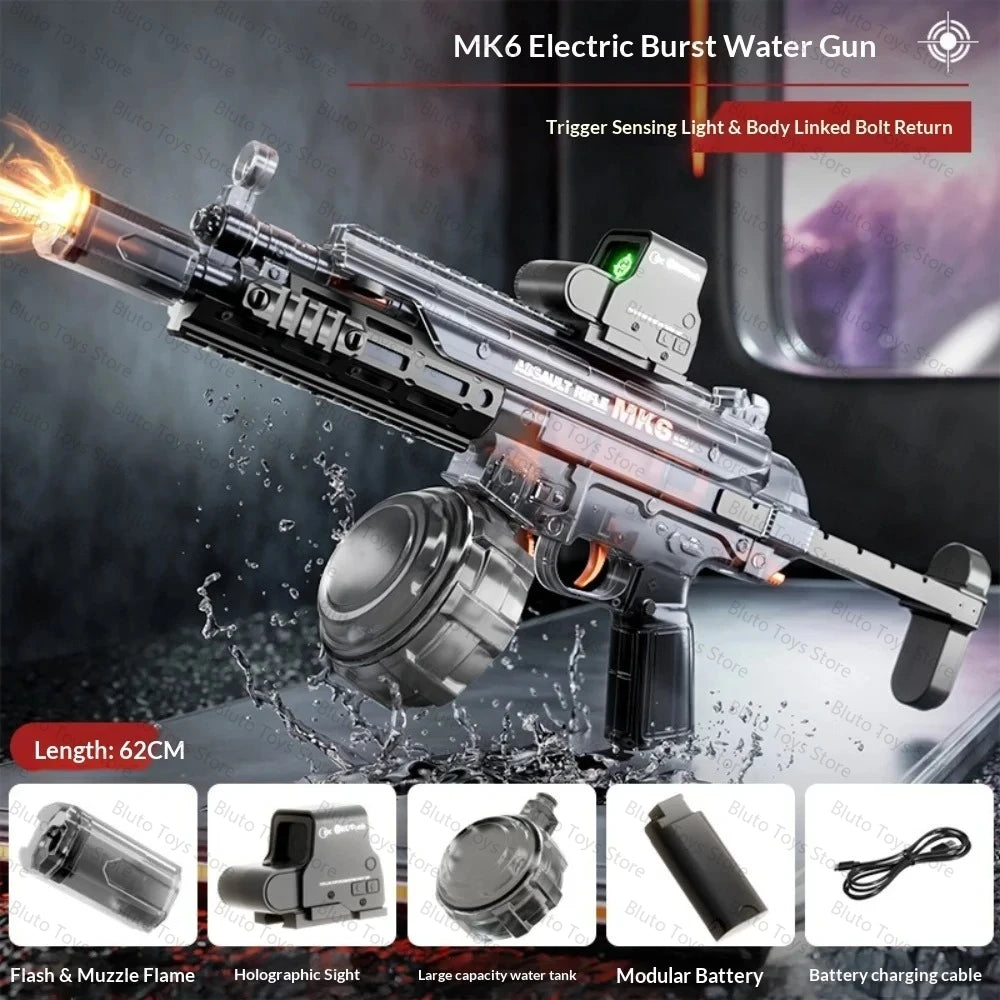 MK6 Electric Burst Water Gun rifle with trigger sensing and body linked bolt return