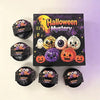A set of Halloween mystery squishy fidget toys including glitter pumpkin, eyeball, and skull stress relief balls.