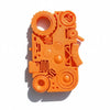 Orange 3D printed fidget toy featuring various clickers and spinners for stress relief