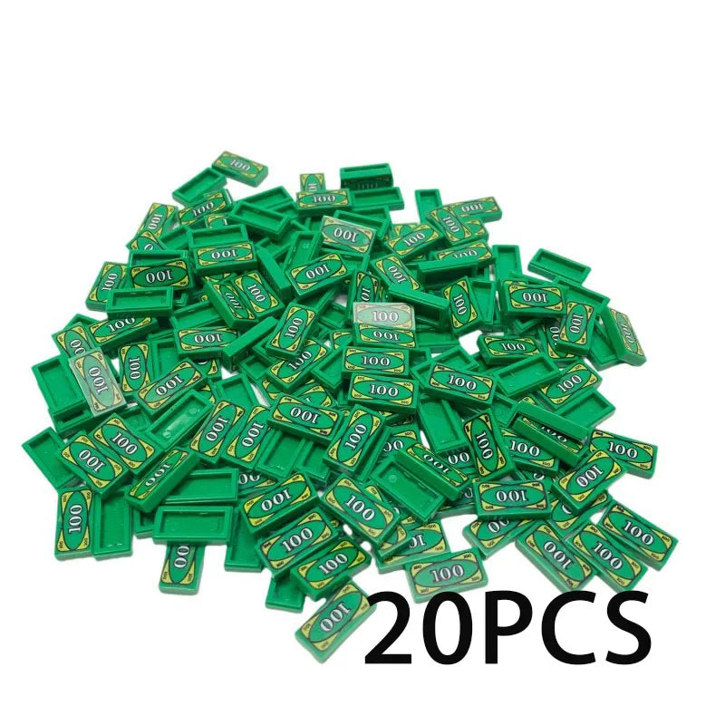 A pile of green building blocks shaped like coins, intended for a treasure chest set.